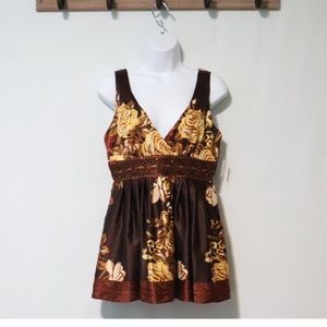 NWT Forever 21 brown floral faux wrap beaded satin top Sz medium